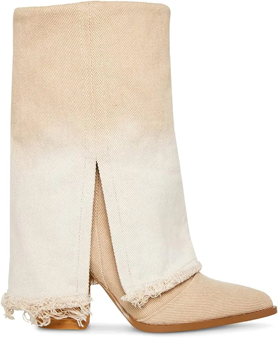 MUCCCUTE Women's Denim Boots Cowboy Western Fold Over Cowgirl Boots Chunky Stacked Heel Pointed Toe Pull On Wide-Calf Boots