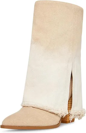 MUCCCUTE Women's Denim Boots Cowboy Western Fold Over Cowgirl Boots Chunky Stacked Heel Pointed Toe Pull On Wide-Calf Boots