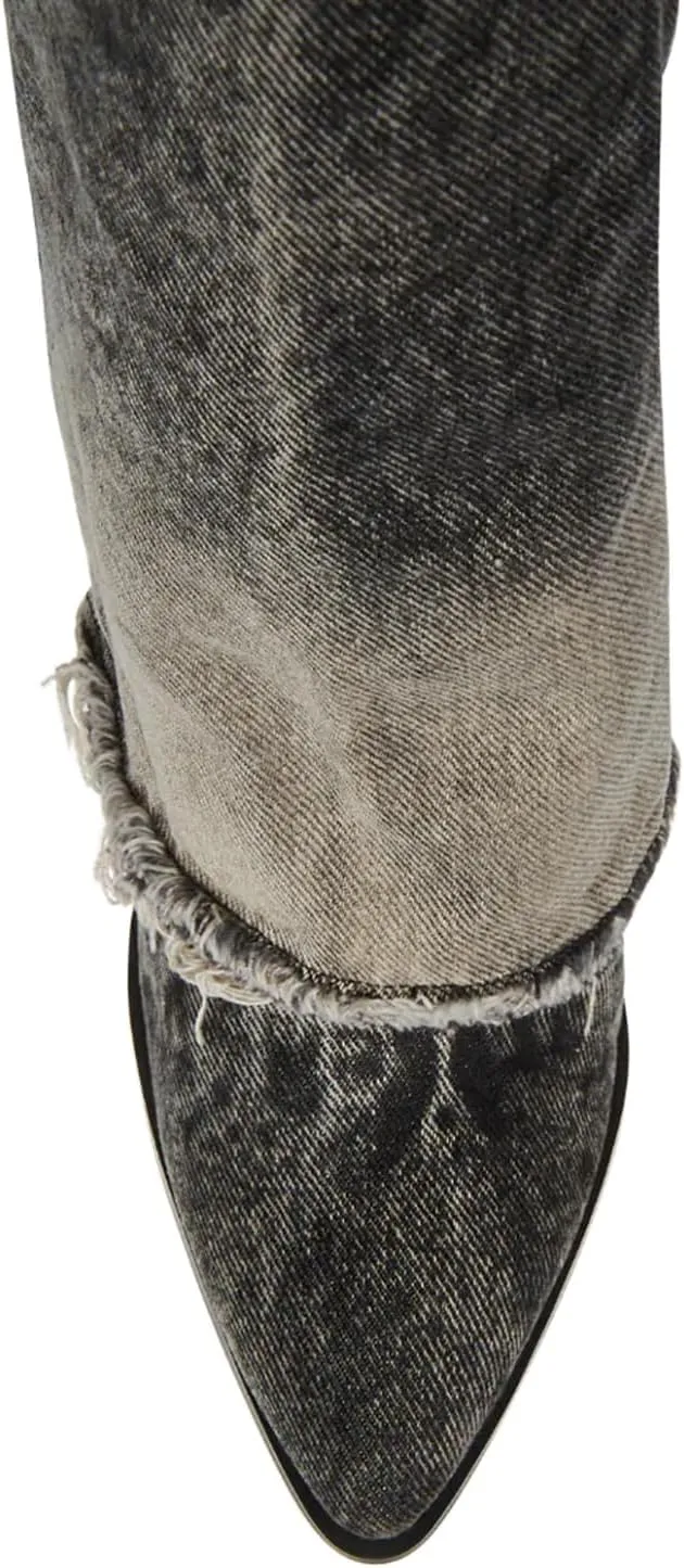 MUCCCUTE Women's Denim Boots Cowboy Western Fold Over Cowgirl Boots Chunky Stacked Heel Pointed Toe Pull On Wide-Calf Boots