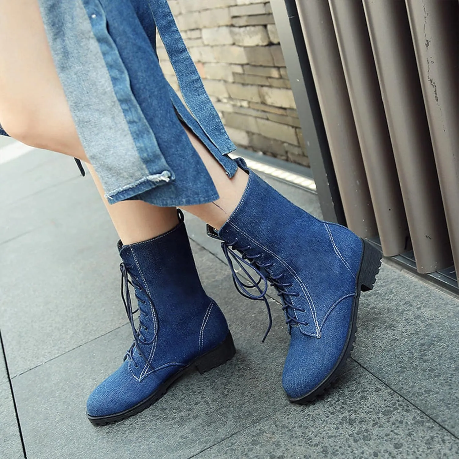 Optigard Women's Lace-up Denim Ankle Boots,Plush Round Toe Causal Non-slip Low Heel Mid-Calf Dress Boots