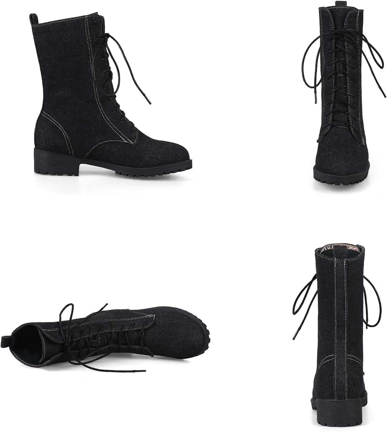 Optigard Women's Lace-up Denim Ankle Boots,Plush Round Toe Causal Non-slip Low Heel Mid-Calf Dress Boots