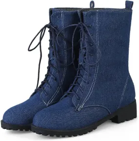 Optigard Women's Lace-up Denim Ankle Boots,Plush Round Toe Causal Non-slip Low Heel Mid-Calf Dress Boots