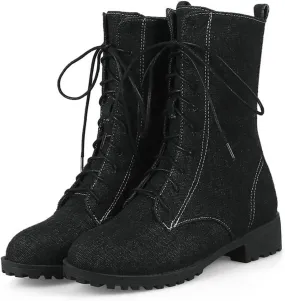Optigard Women's Lace-up Denim Ankle Boots,Plush Round Toe Causal Non-slip Low Heel Mid-Calf Dress Boots