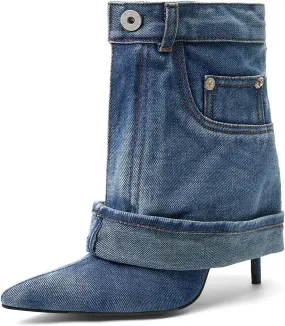 Pointed Toe Fine Stiletto High Heel Ankle Denim Booties for women Fold Over Ankle Short Jean Boots Fashion Women's Shoes