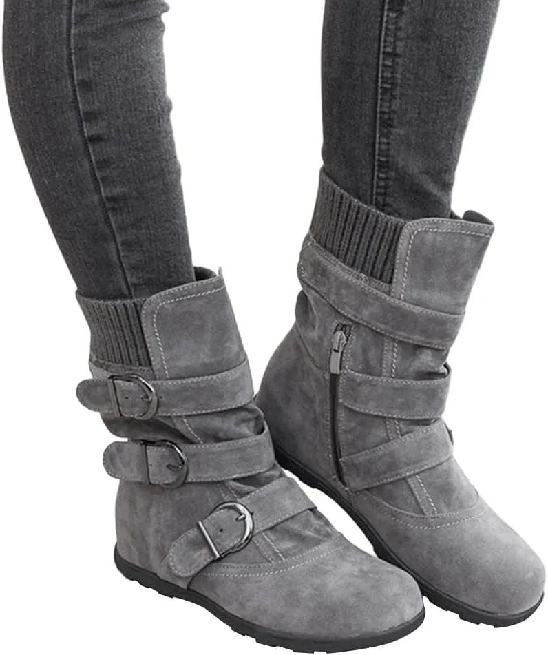 Rvidbe Booties for Women No Heel, Cowgirl Boots Women Black, Snow Boots for Women Mid Calf Womens Fashion Winter Warm Snow Boots Comfortable Outdoor Waterproof Furry Boots Shoes