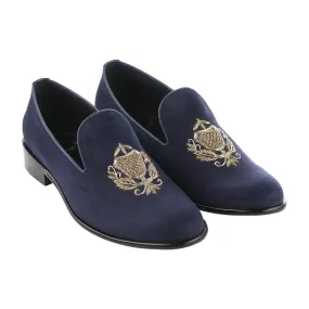 San Luis Navy Blue Hand-Embroidered Suede Loafers