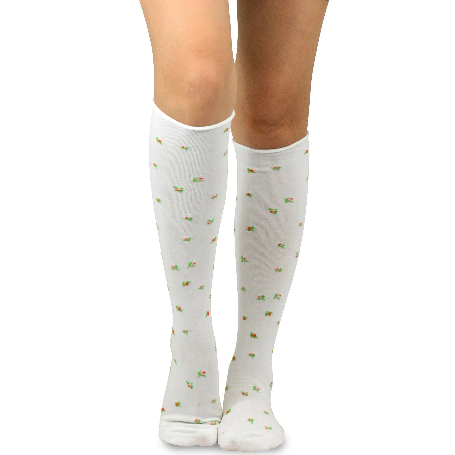TeeHee Socks Women's Casual Cotton Knee High Rose Bud Roll Top 2-Pack (10766)