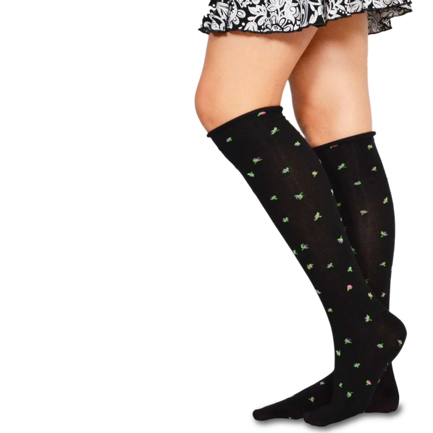 TeeHee Socks Women's Casual Cotton Knee High Rose Bud Roll Top 2-Pack (10766)