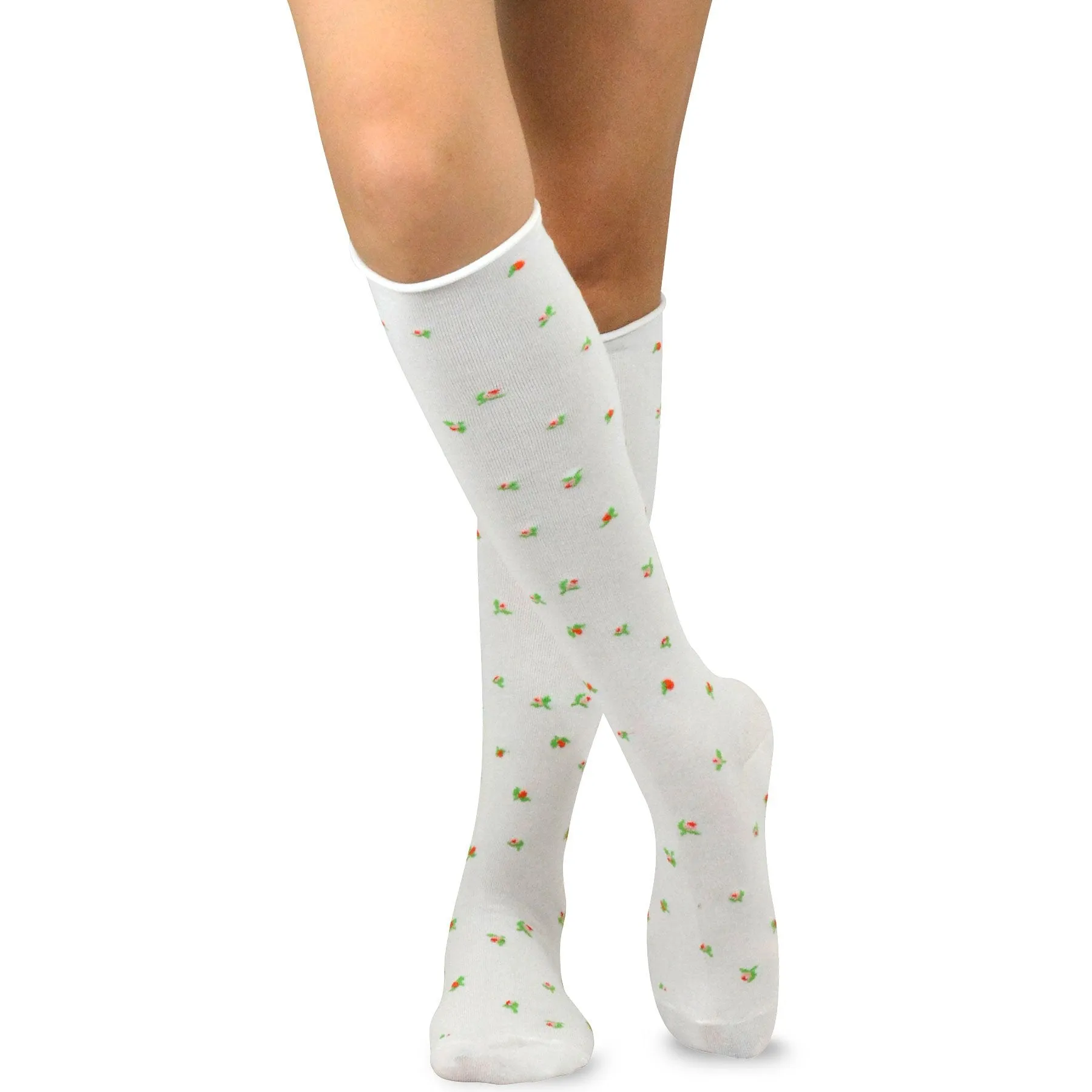 TeeHee Socks Women's Casual Cotton Knee High Rose Bud Roll Top 2-Pack (10766)