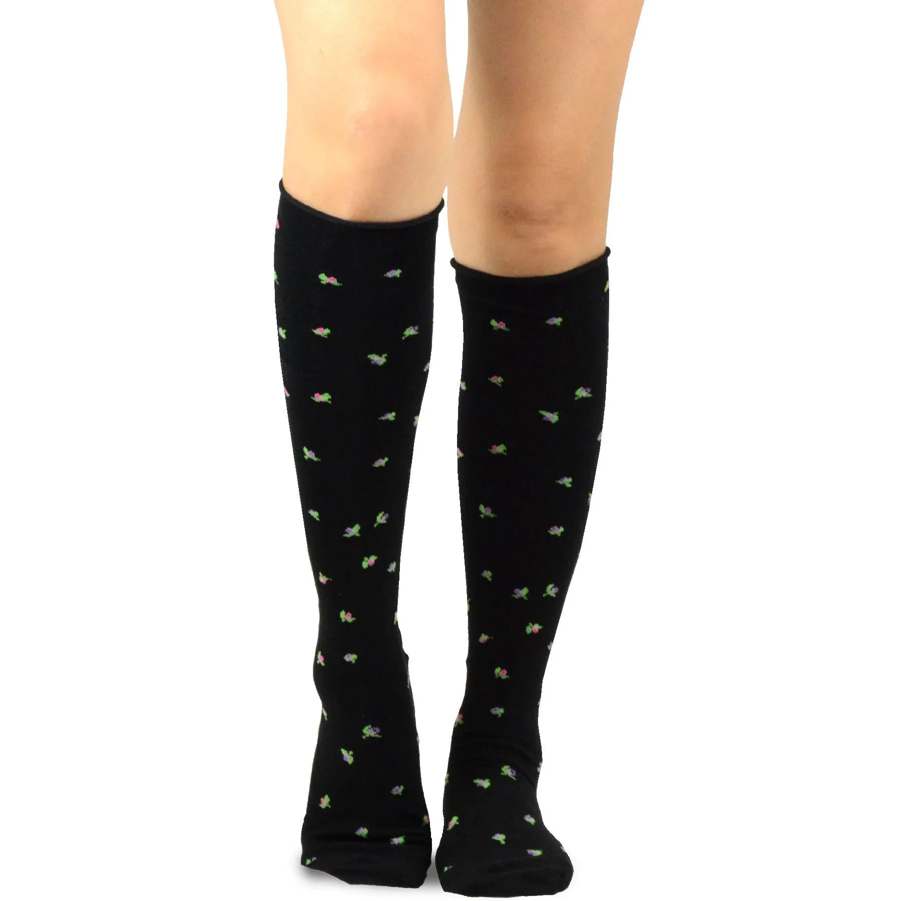 TeeHee Socks Women's Casual Cotton Knee High Rose Bud Roll Top 2-Pack (10766)