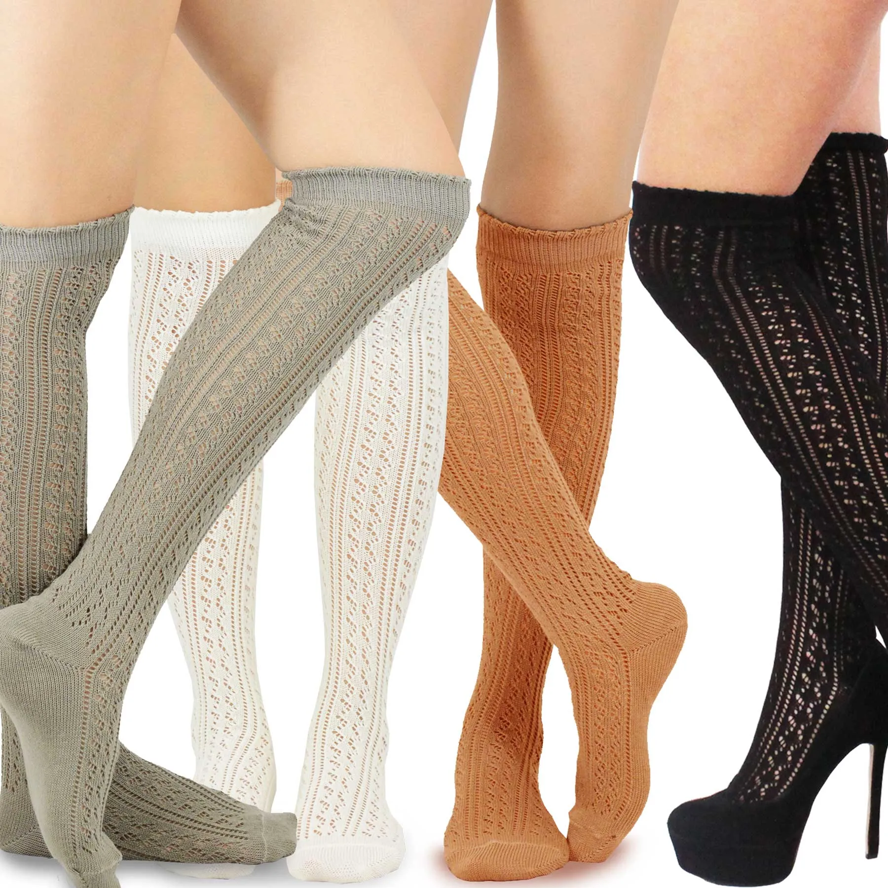 TeeHee Socks Women's Casual Cotton Over the Knee Pointelle 4-Pack (10375)