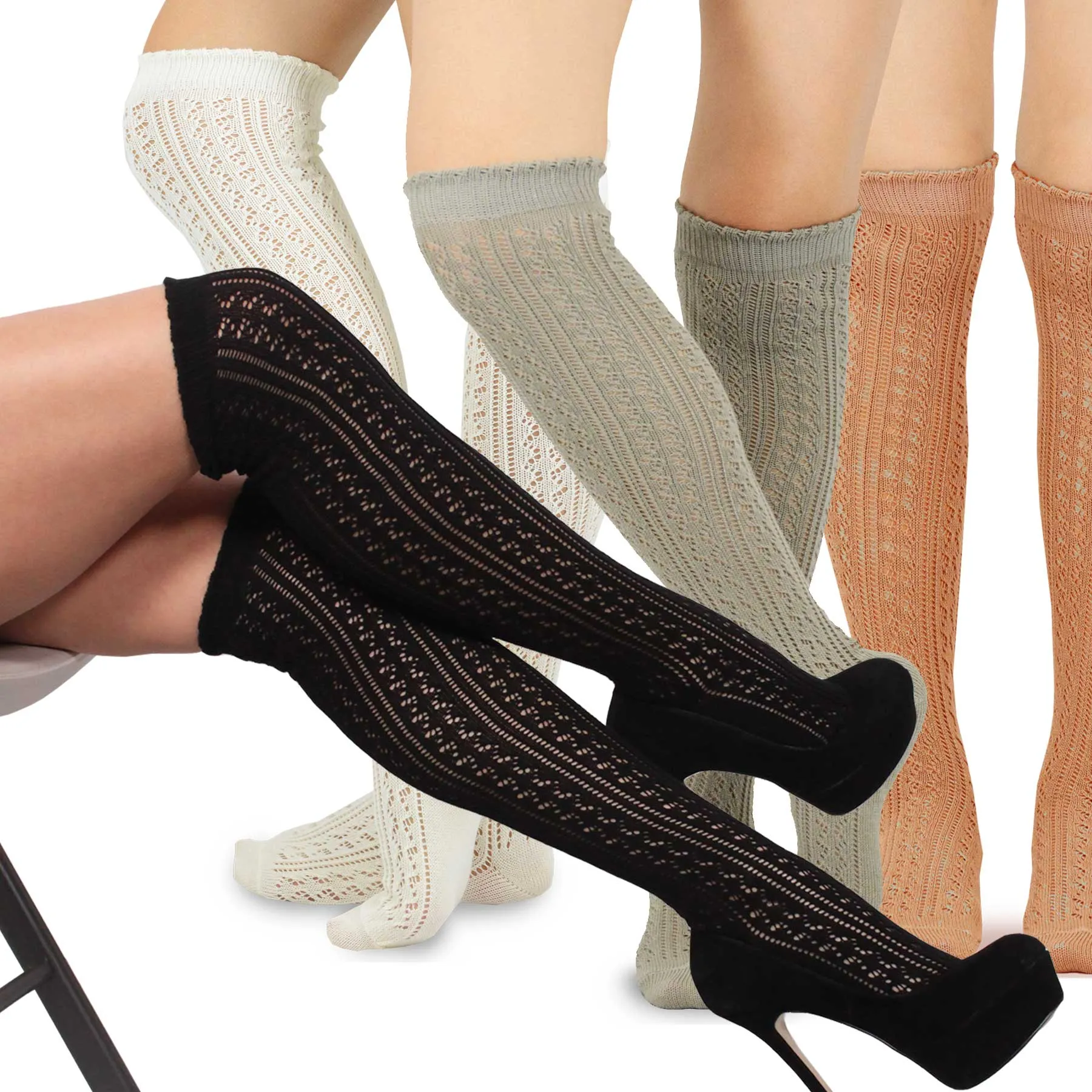 TeeHee Socks Women's Casual Cotton Over the Knee Pointelle 4-Pack (10375)