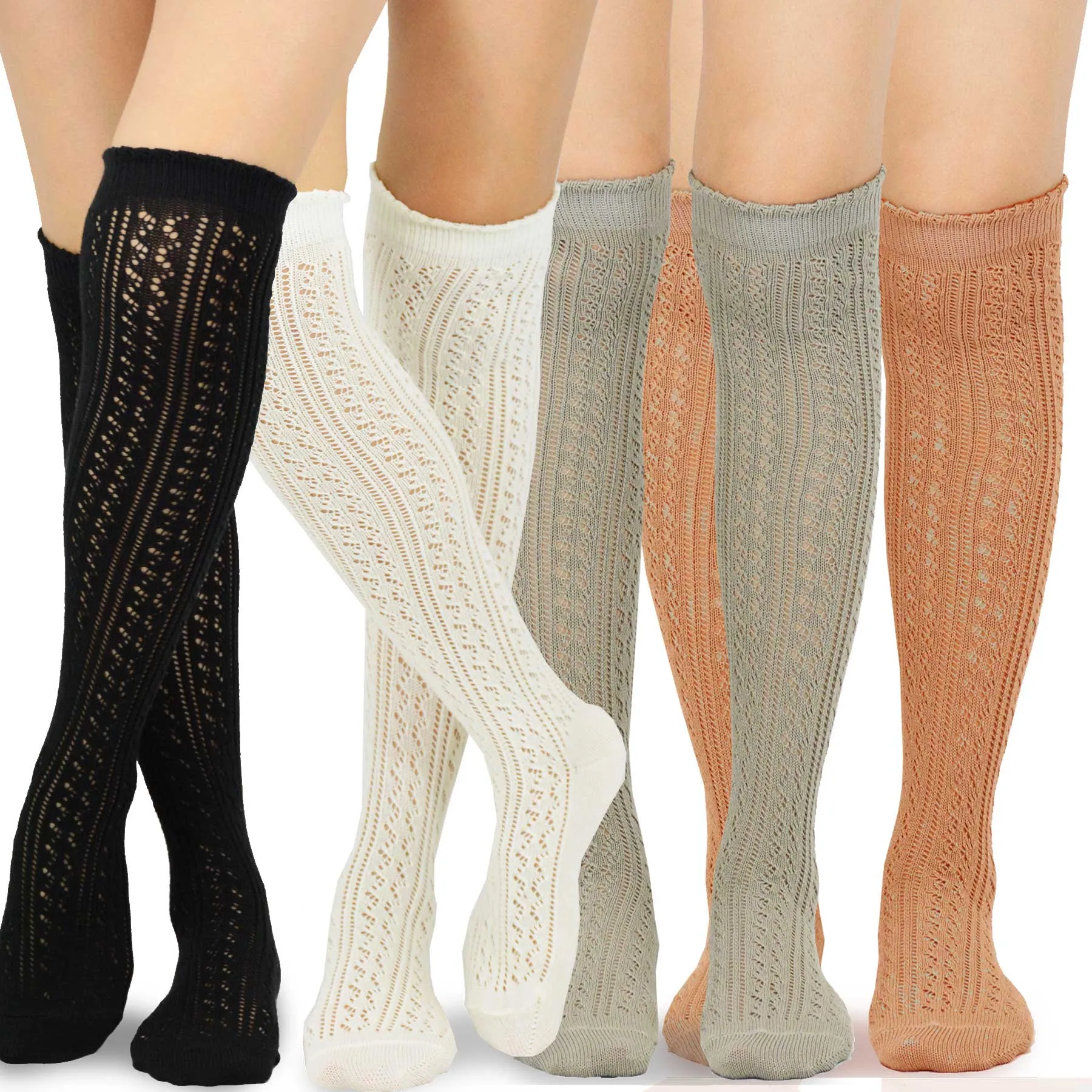 TeeHee Socks Women's Casual Cotton Over the Knee Pointelle 4-Pack (10375)