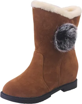 Winter Snow Boots for Women Vintage Suede Low Heel Round Toe Boot Cuffed Plush Lined Boots Slip On Mid Calf Chunky Warm Shoes Waterproof Classic Outdoor Comfortable Boots