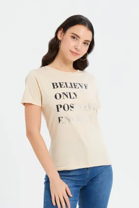 Women Beige Foil Printed T-Shirt