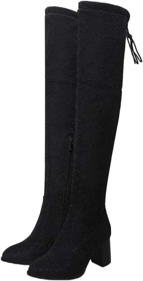 Womens Glitter Thigh High Stretch Over The Knee Chunky Heel Boots