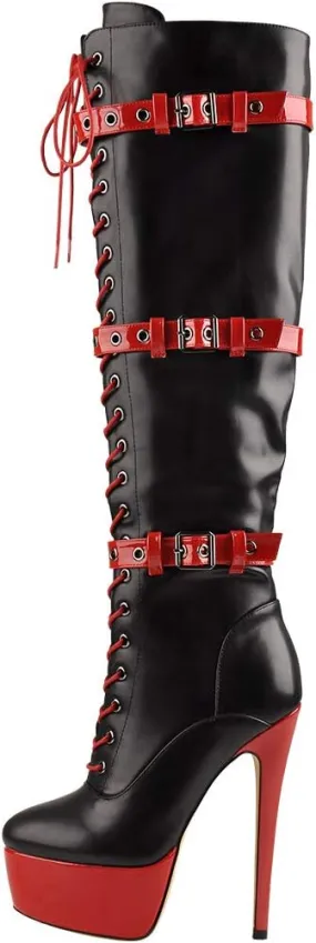 Yolkomo Women's Over The Knee Pull On Buckle Stiletto Heeled Lace Up Boots