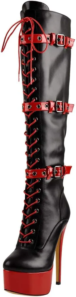 Yolkomo Women's Over The Knee Pull On Buckle Stiletto Heeled Lace Up Boots
