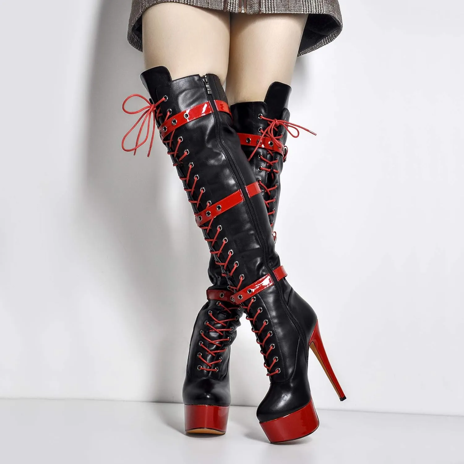 Yolkomo Women's Over The Knee Pull On Buckle Stiletto Heeled Lace Up Boots